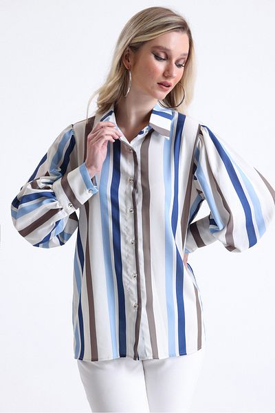 MD trend Cămașă oversize cu dungi pentru femei, cu mâneci balon și cămăși pe umeri