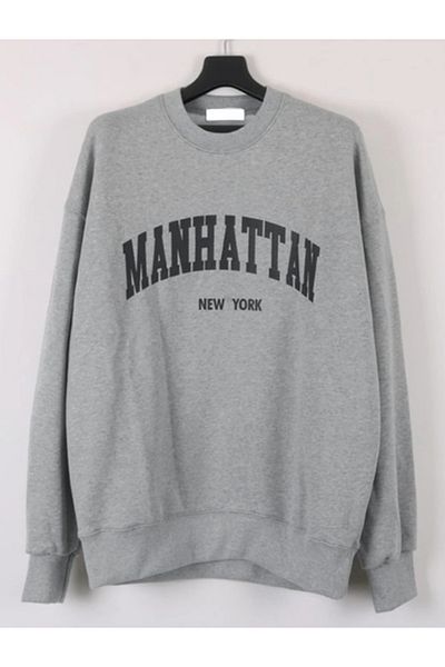 AEMİ Φούτερ Unisex Grey Manhattan Newyork με στάμπα με λαιμόκοψη υπερμεγέθη