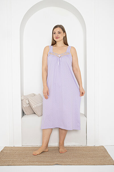 SEBOTEKS Kalın Askılı Dantel Detaylı %100 Pamuklu Penye Büyük Beden Anne Geceliği 263