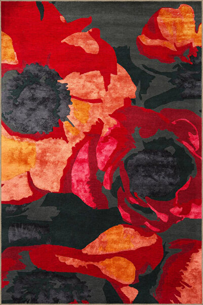 Rugs Modern Halı Kırmızı Gri Temalı Soyut Çiçek Gül Desenli Kreatif Modern De...
