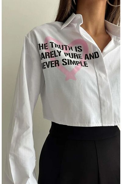 My Blog Cămașă crop imprimată cu slogan inimă albă
