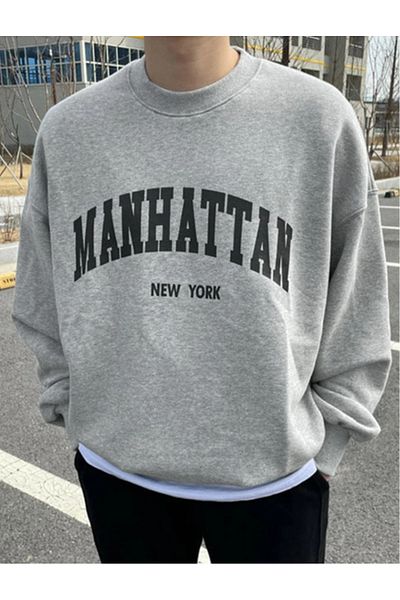 AEMİ Φούτερ Unisex Grey Manhattan Newyork με στάμπα με λαιμόκοψη υπερμεγέθη
