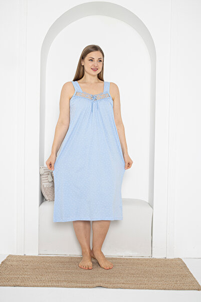 SEBOTEKS Kalın Askılı Dantel Detaylı %100 Pamuklu Penye Büyük Beden Anne Geceliği 263