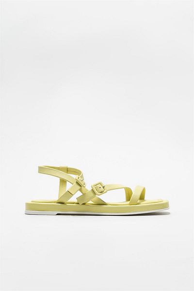 Elle Shoes Green Leather Women's Flat Sandals