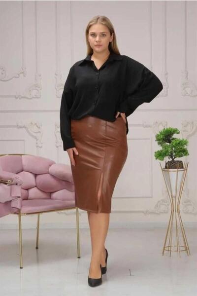 Zer Otantik Large Size Slit Detail Leather Skirt Brown