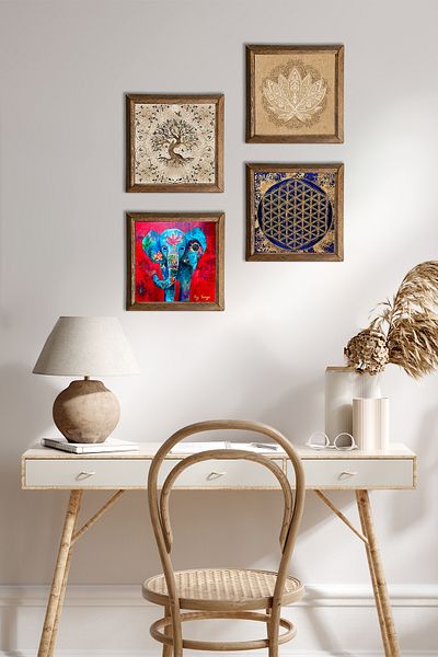 Pinecone Elephant, Lotus Flower, Flower of Life, Tree of Life Stone Wall Painting Wood Framed Wall Decor