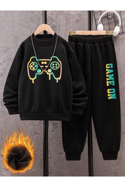 AEMİ Unisex Game On Štampano okrugla kragna Oversize kroj Crna donja i gornja...
