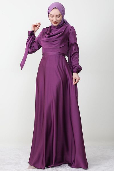 GİZ AGİYİM Sleeve Tied Degaje Evening Dress Purple