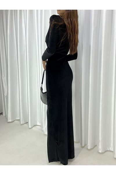 rengamoda Rochie de seara cu fanta din tesatura din catifea, neagra, rochie de nunta de absolvire