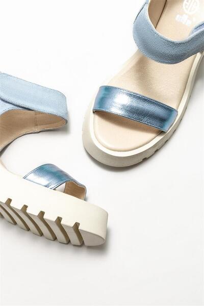 Elle Shoes Blue Leather Women's Wedge Heeled Sandals