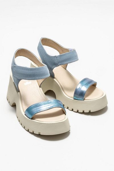 Elle Shoes Blue Leather Women's Wedge Heeled Sandals