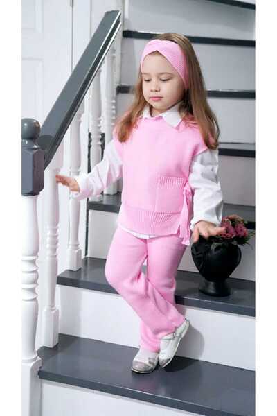 Meriç bebe Trendy Girl's 3-Piece Knitwear Set with Hair Band, Trousers, Open Sides and Tie Detail Sweaters