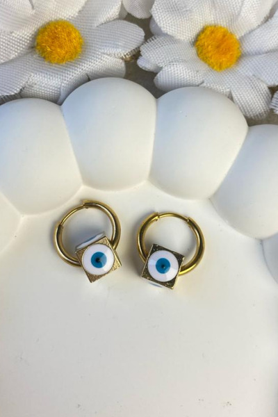 Jaida Moda Women's Gold Stainless Steel Evil Eye Bead Patterned Charm Dangle Hoop Earrings