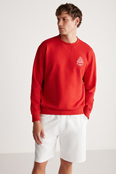 GRIMELANGE Brood Men's Embroidered Polar-Free Round Collar Red Sweatshirt