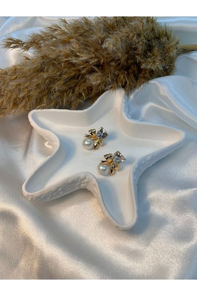 Yıldız Accessory Pearl Detailed Heart Cut Zircon Stone Bow Tie Steel Earrings