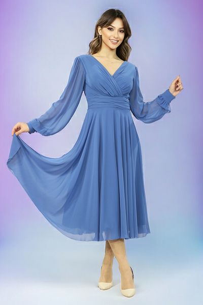 FaBe Fashion Long Sleeve Double Breasted Collar Midi Chiffon Dress