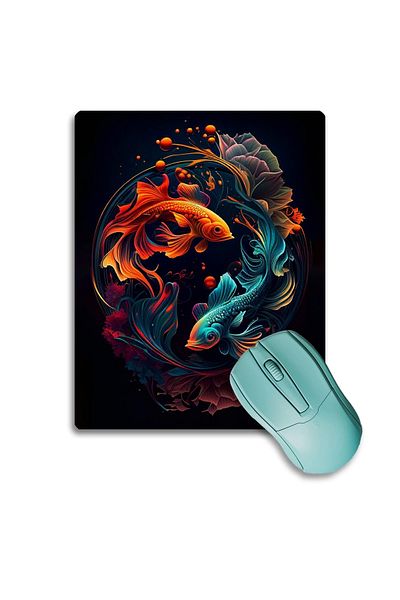 SonicTouch Blue Orange Koi Fish Patterned Ying Yang Designed Anti-Slip Gaming Mouse Pad - 17x21cm