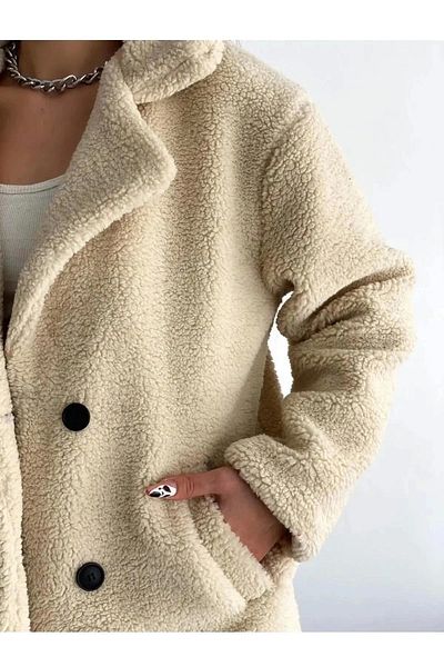 bm bessomoda fashion boutique Palton de pluș Wellsoft, bej, cu nasturi