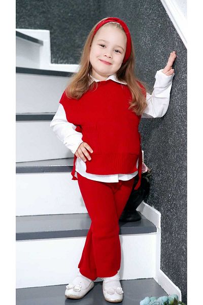 Meriç bebe Trendy Girl's 3-Piece Knitwear Set with Hair Band, Trousers, Open Sides and Tie Detail Sweaters