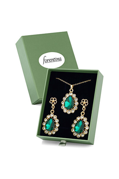 Forentina Altın Kaplama Yeşil Taşlı Kolye Küpe Yeşil Kutuda Hediye Set PS3336