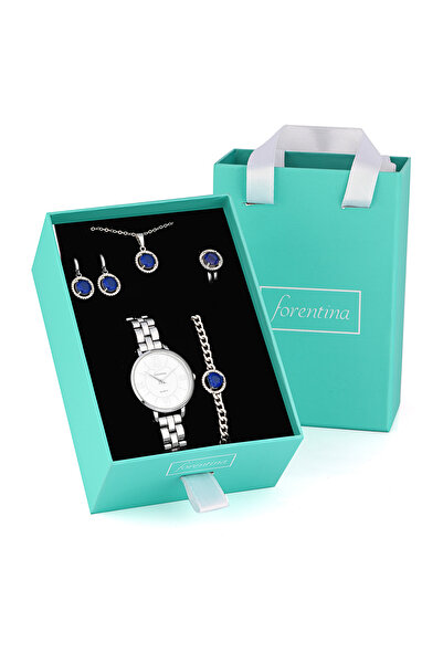 Forentina Gümüş Kaplama Lacivert Taşlı Kolye Bileklik Küpe Yüzük Saat Hediye ...