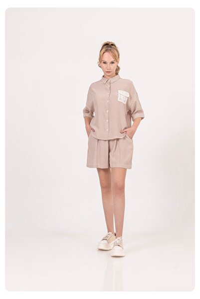 LOCO LOCO طقم شورت قميص مخطط ناعم للفتيات الصغيرات