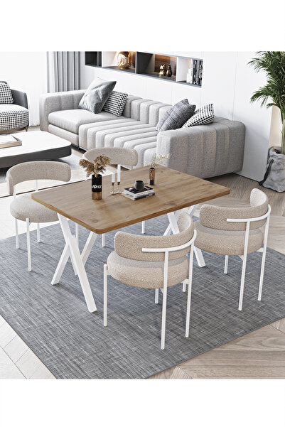 AVVİO Beyaz Teddy Sandalye 80x120 Yemek Masası Mutfak Masası 4 Kişilik Masa S...