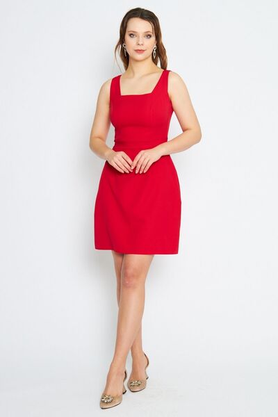 Bidoluelbise Kadın Kare Yaka Geniş Akılı Kolsuz Diz Üstü Kırmızı Elbise