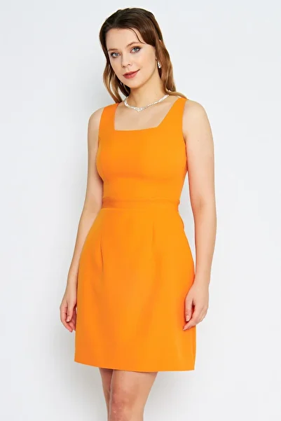 Bidoluelbise Women's Square Collar Wide Brim Sleeveless Above Knee Orange Dress