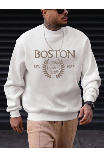 AEMİ Мъжки зимен памучен суитшърт с кръгло деколте и щампа BOSTON