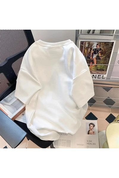 Touz Moda تي شيرت أبيض كبير الحجم مطبوع عليه نجمة Y2K للجنسين