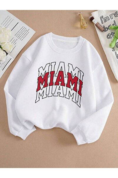 AEMİ Unisex MIAMI Štampano okrugla kragna Oversize kroj Zimska majica