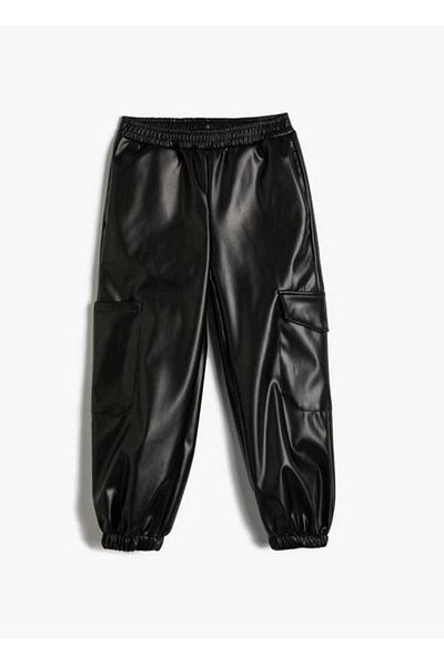 OliveYouMom Girl's Leather Look Elastic Ankle Cargo Pocket Trousers