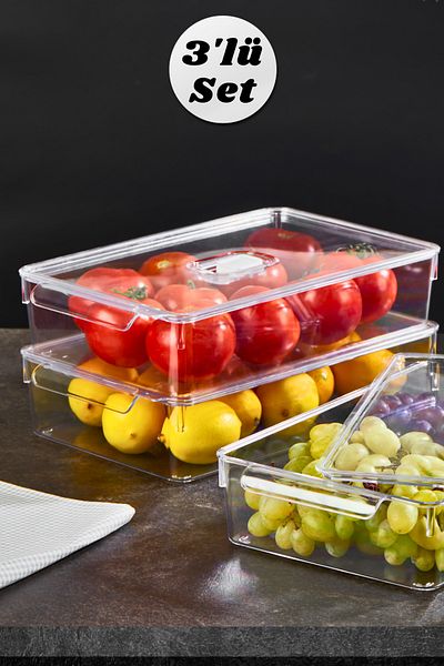 MİHEL Gloss Large 3-Piece Refrigerator and Cabinet Organizer - Organizer Storage Container with Lid