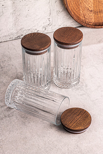 Snippy Mira 3'lü Ahşap Vakumlu Kapaklı Cam Saklama Kabı 450 ml 3 Adet