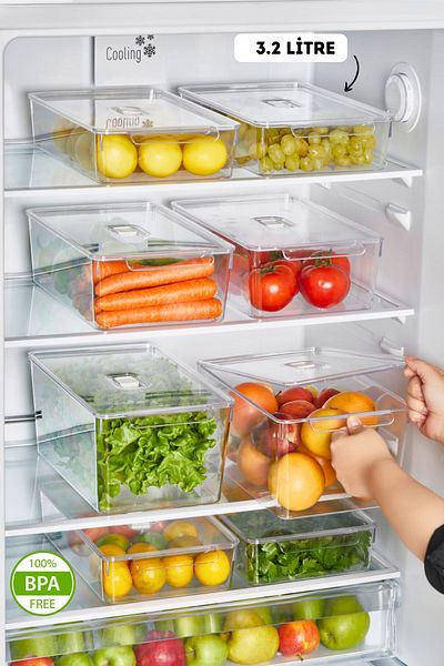 MİHEL Gloss Large 3-Piece Refrigerator and Cabinet Organizer - Organizer Storage Container with Lid