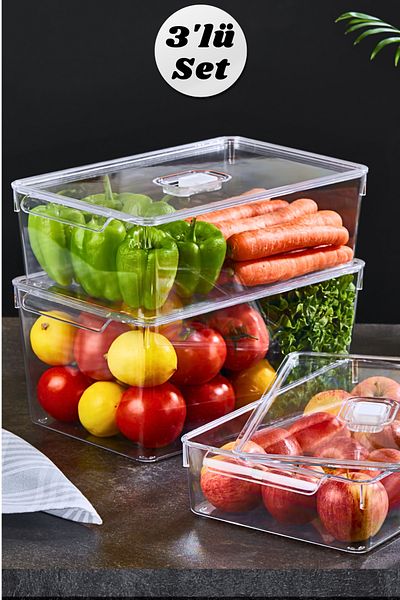 MİHEL Gloss Mix 3-Piece Refrigerator and Cabinet Organizer - Organizer with Lid Storage Container Home
