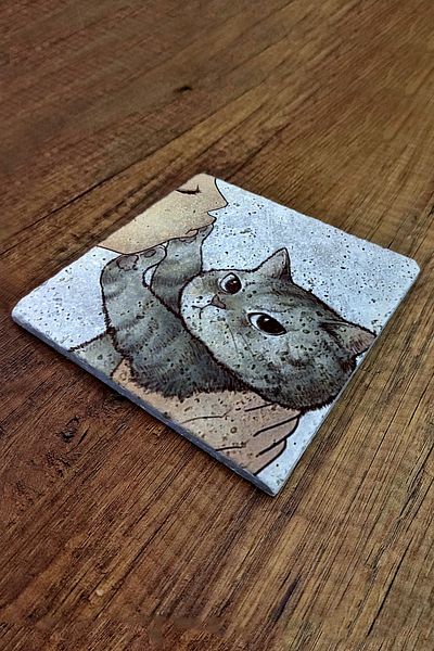 Begoloni Stone Decor 15X15Cm Naughty Cat Printed Natural Stone - Teapot Base Pot Pan