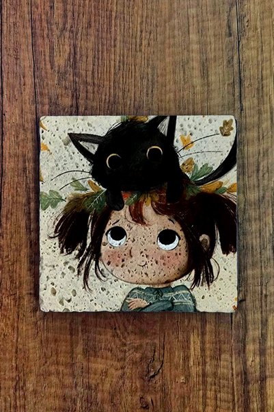 Begoloni Stone Decor Natural Stone Coaster 15X15Cm Little Girl and Cat Pattern Printed Stone Teapot Coaster-Pot Pan Coaster