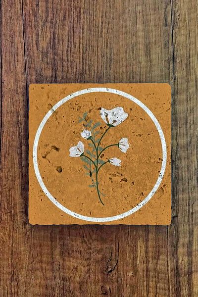 Begoloni Stone Decor Natural Stone Trivet 20x20cm Orange Background Flower Printed Stone Trivet