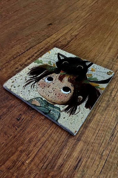 Begoloni Stone Decor 15X15Cm Natural Stone - Girl and Cat Pattern Printed, Teapot Pot and Pan Base