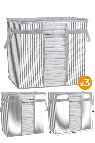 Serstil 3 τμχ - Τσάντα αποθήκευσης με παράθυρο 50 X 45 X 30 cm - Μοτίβο γκρι σχοινί