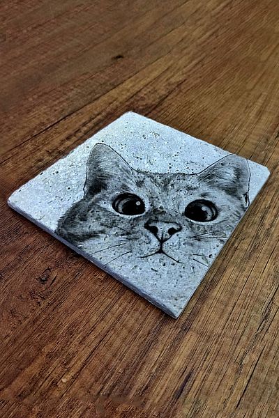 Begoloni Stone Decor 15X15Cm Cat Printed Natural Stone Trivet - Teapot Base Pot Pan