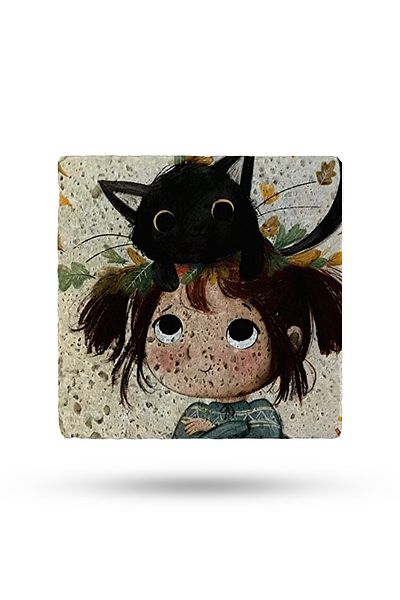 Begoloni Stone Decor 15X15Cm Natural Stone - Girl and Cat Pattern Printed, Teapot Pot and Pan Base
