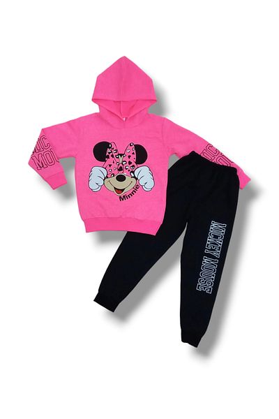 DUDO GİYİM Minnie Mouse Hooded Girl's Set Neon Pink