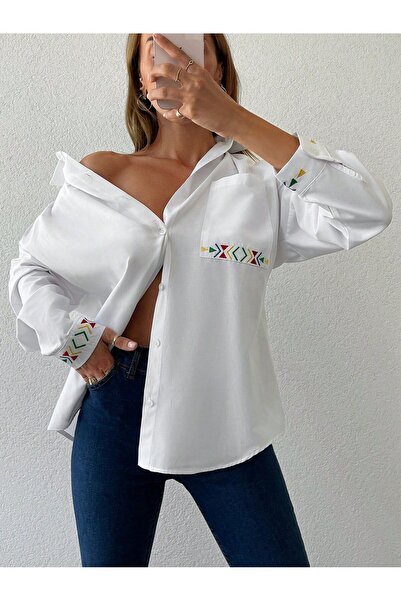 Basko fashion قميص نسائي أبيض بجيب وأكمام مطرزة