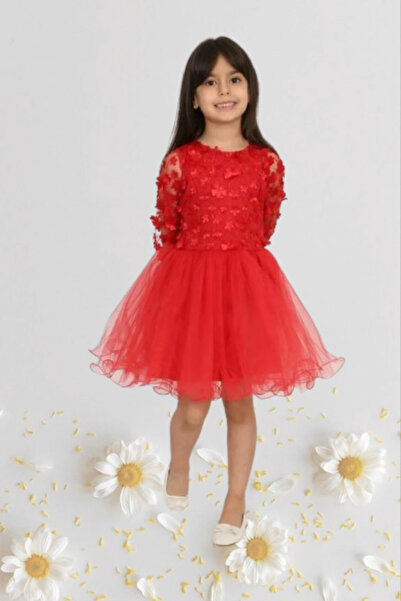 Nacar Kız Çocuk 23 Nisan Okul Gösteri Doğum Günü Tüllü Çiçekli Kırmızı Kısa Elbise 024