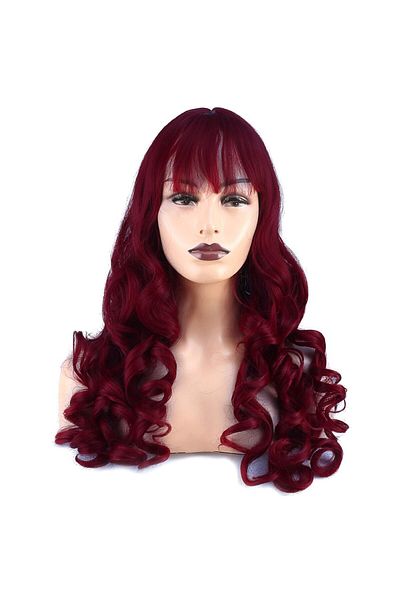 KONAK PERUK Red Long Fiber Wavy Riveted Synthetic Wig