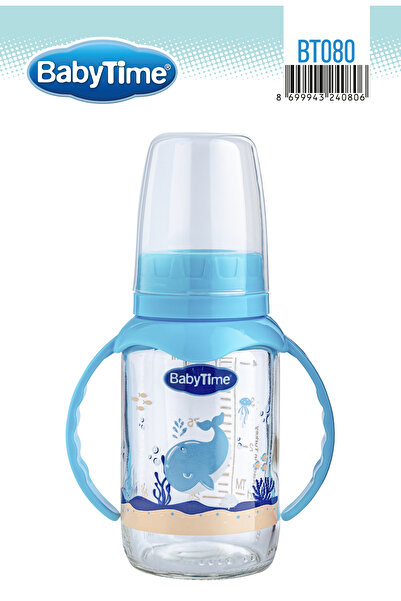Babytime BT080 زجاجة أطفال زجاجية مع كوب 125 مل لون أزرق