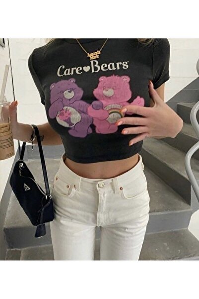 Gofeel Y2k Care Heart Bears مطبوعة نصف تي شيرت أسود بلوزة قصيرة